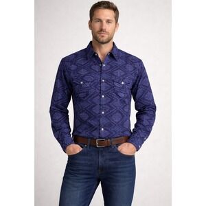 PANHANDLE Mens Shirt Size  M Blue Aztec Print Long Sleeve Pearl Snap Western‎